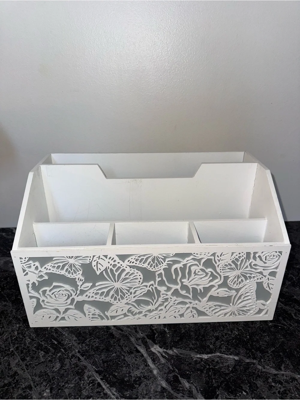 White Wood Decorative Desk Organizer with Floral Cutout